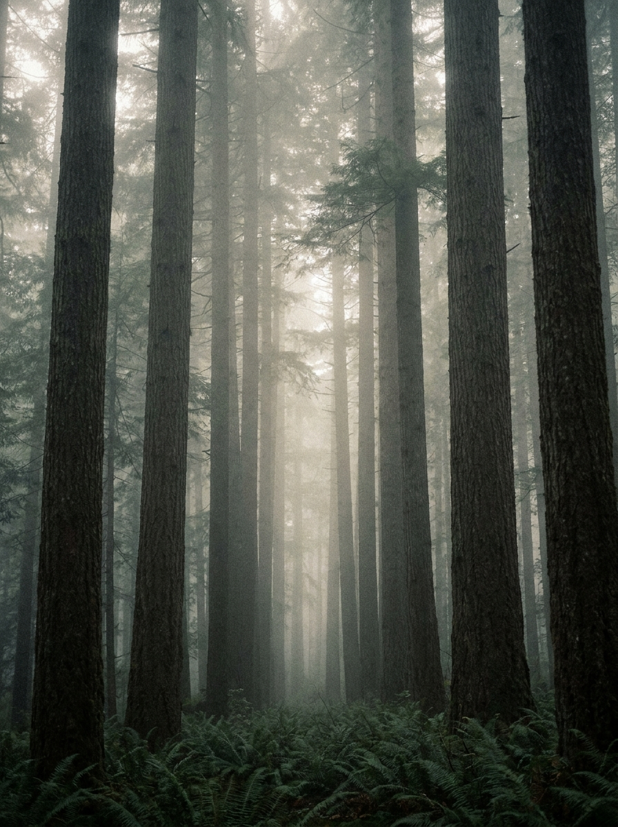 Old-growth conifer forest in dawn fog