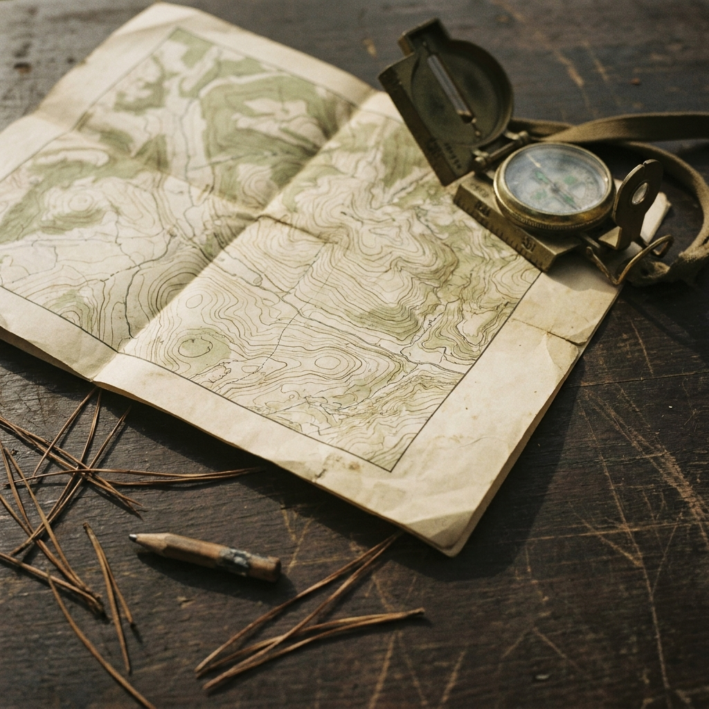 Topographic survey map and brass compass